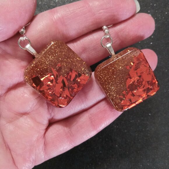Fall Autumn colored square dangle earrings new handmade resin with silver hooks - Picture 4 of 4